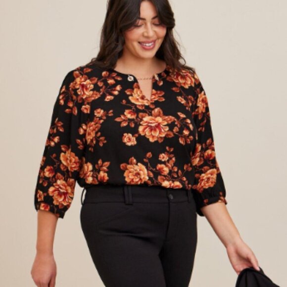 Torrid Crepe Chain Detail Blouse, Orange Floral - Picture 2 of 8